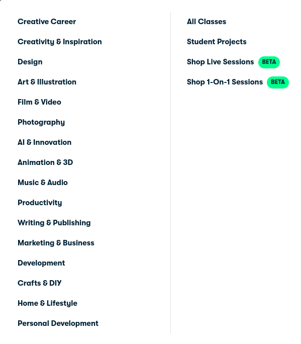 Skillshare courses categories